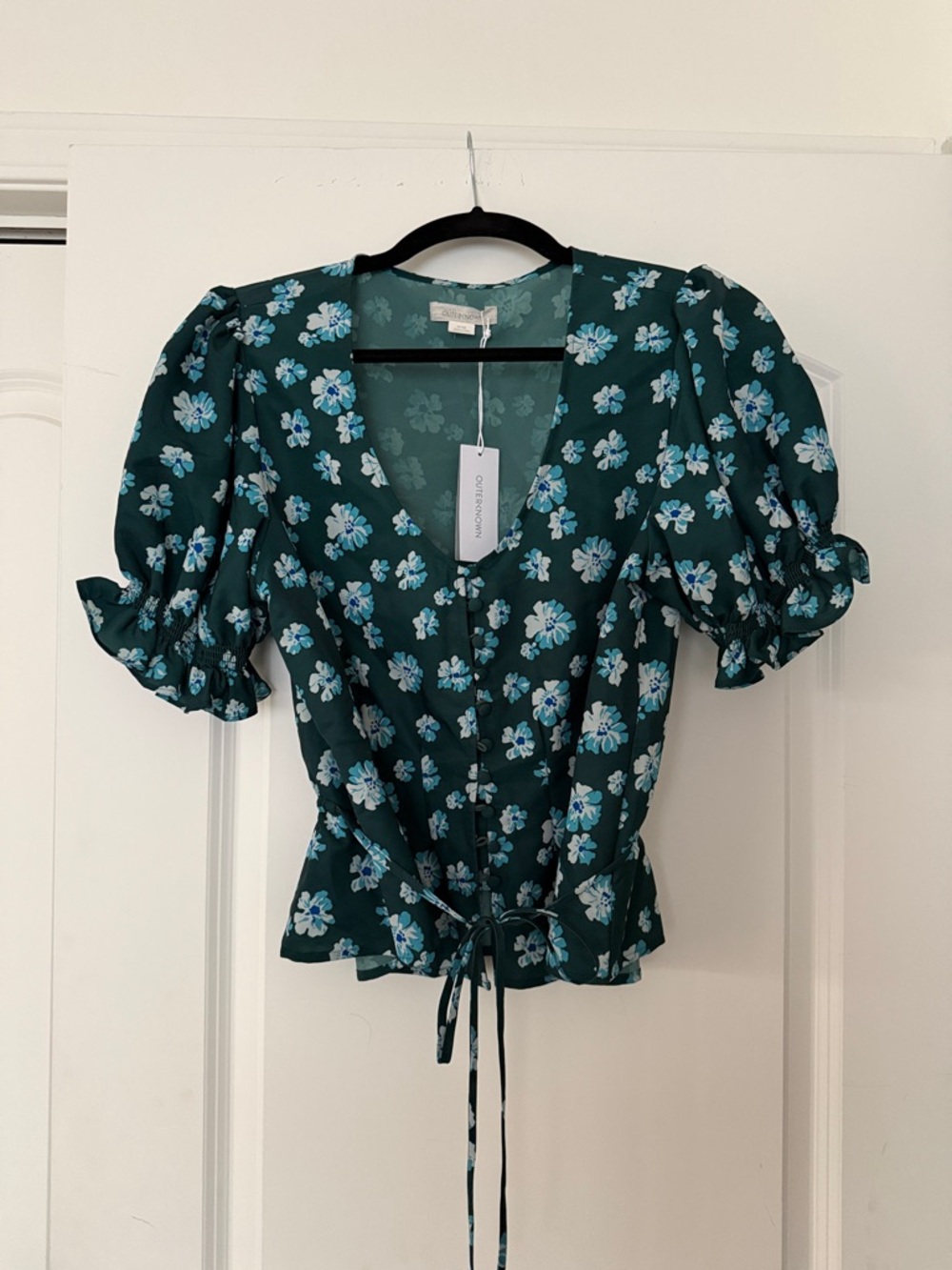 Outerknown Teal Floral Puff-Sleeve Tie-Front Blouse
